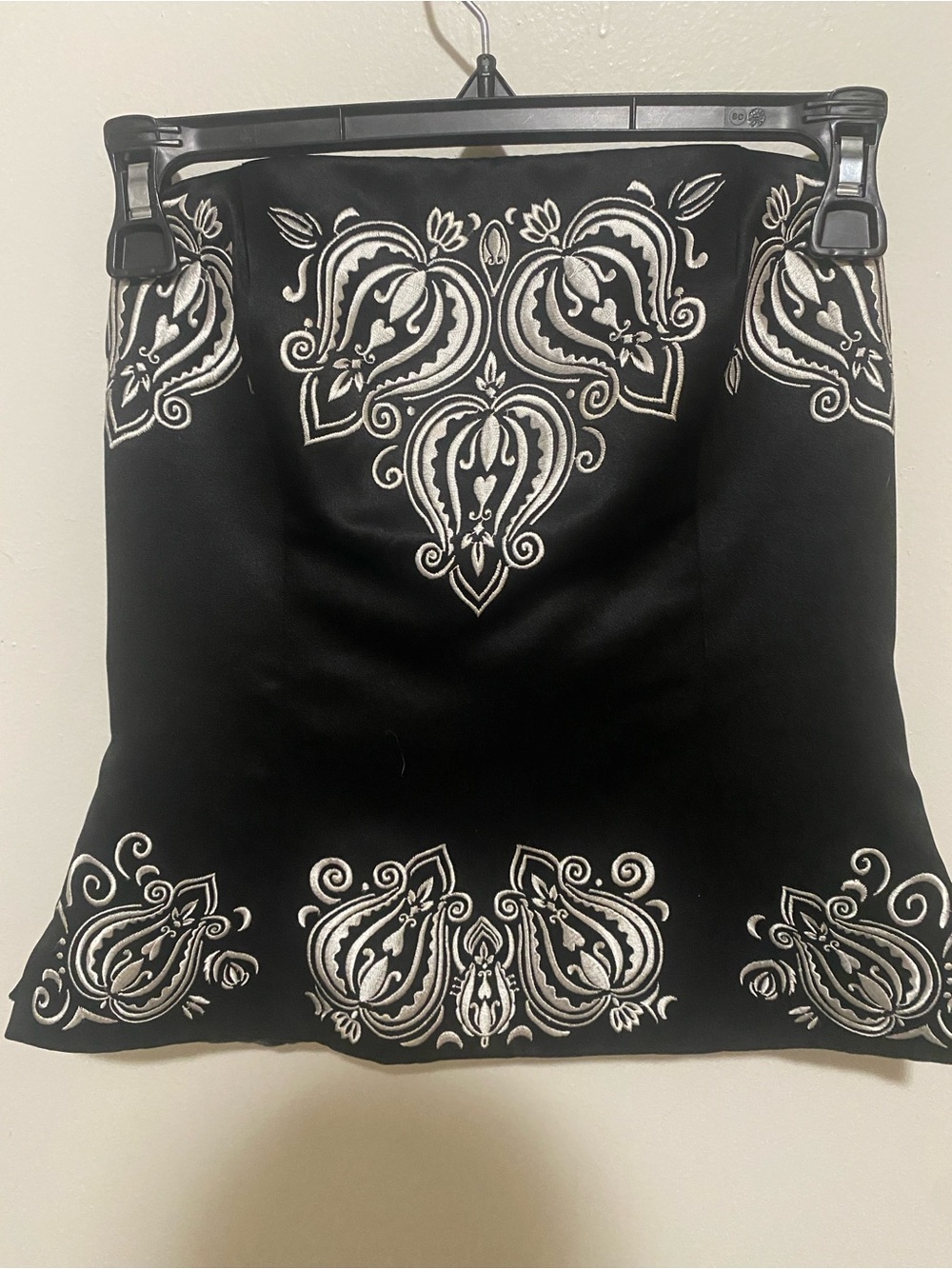 Black Embroidered  Strapless Blouse with White Paisley Accents